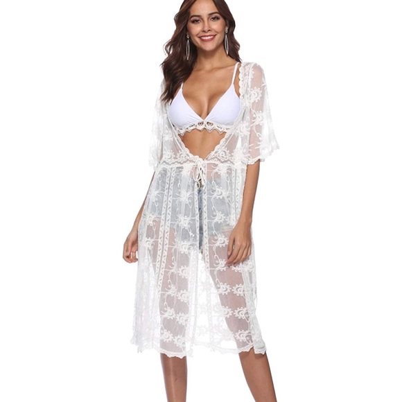 🌴SHIPS NOW🌴 White Floral Lace Long Kimono - Picture 2 of 8